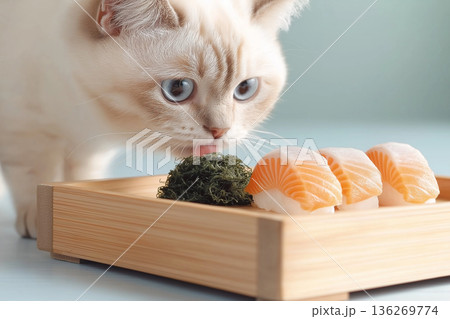Siberian cat curiously inspects sushi with salmon at a wooden table in a dining setting Siberian cat curiously inspects sushi with salmon at a wooden table in a dining setting 136269774