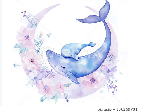 Whale and baby floating in a sea of flowers, a watercolor fantasy illustration. 136269781