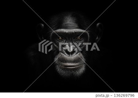 Closeup portrait of a black chimpanzee ape in wildlife, nature's primate expression 136269796