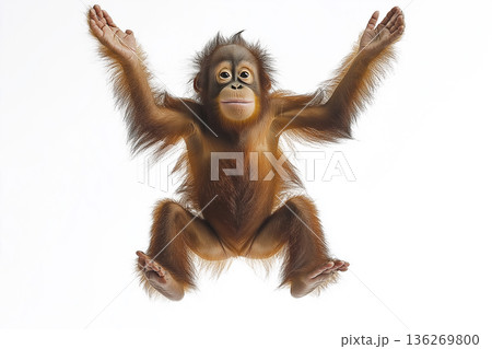 Young orangutan swinging joyfully in the rainforest, embodying wildlife and nature's beauty. 136269800