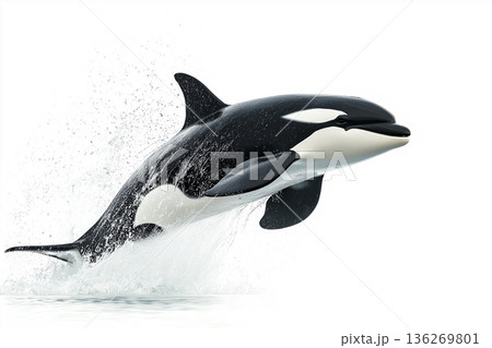 Orca whale jumping in the ocean with marine wildlife and sea animals splashing water 136269801