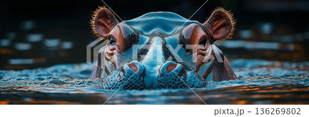 Closeup of a majestic hippo swimming with eyes above water in natural habitat Closeup of a majestic hippo swimming with eyes above water in natural habitat 136269802