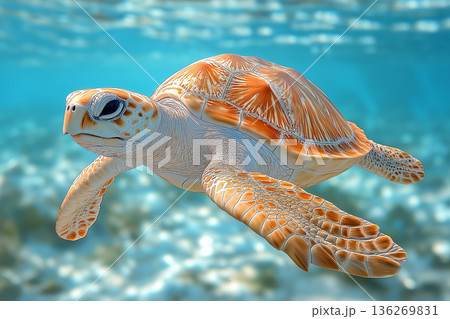 Turtle swimming gracefully in the ocean among marine wildlife and aquatic nature. 136269831