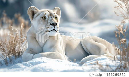 Majestic lioness resting in the snow, showcasing wildlife in a serene winter nature scene. Majestic lioness resting in the snow, showcasing wildlife in a serene winter nature scene. 136269832