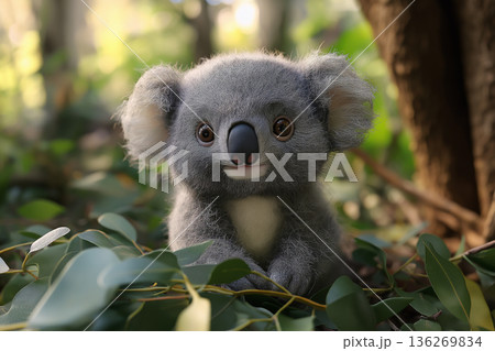 Cute koala in forest surrounded by eucalyptus leaves, showcasing wildlife and nature Cute koala in forest surrounded by eucalyptus leaves, showcasing wildlife and nature 136269834
