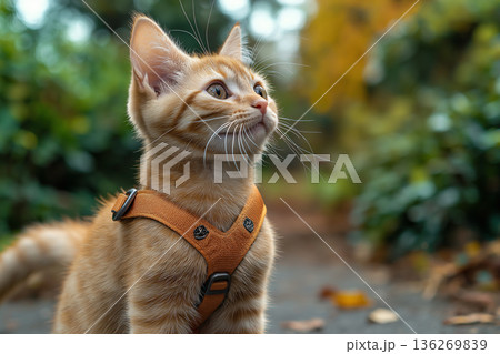 Adorable ginger kitten wearing harness outside in nature setting with autumn foliage Adorable ginger kitten wearing harness outside in nature setting with autumn foliage 136269839