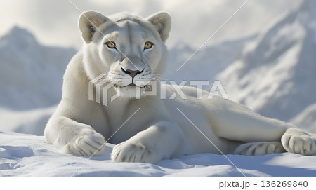 Majestic white lioness resting in the snowy mountain landscape, showcasing nature's beauty and power Majestic white lioness resting in the snowy mountain landscape, showcasing nature's beauty and power 136269840