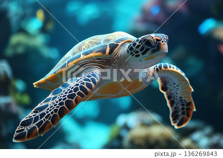 Turtle swimming in a marine ocean, displaying aquatic wildlife and a beautiful shell 136269843