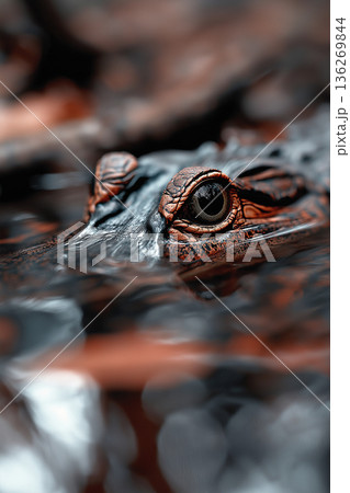 Alligator Reptile Closeup in the Wild with Eye in Water and Nature Reflection 136269844