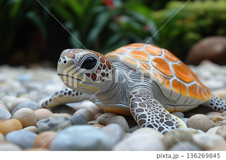 Artistic portrait of a colorful turtle with vibrant shell on natural rocks background 136269845
