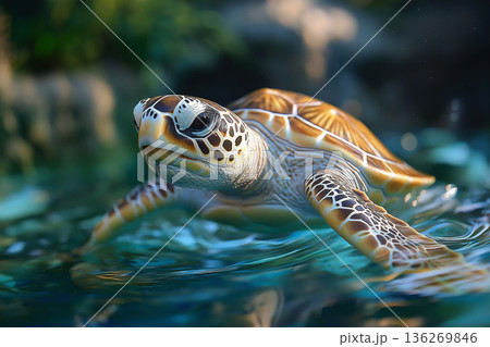 Turtle swimming gracefully in the ocean with nature and wildlife scenery around. 136269846