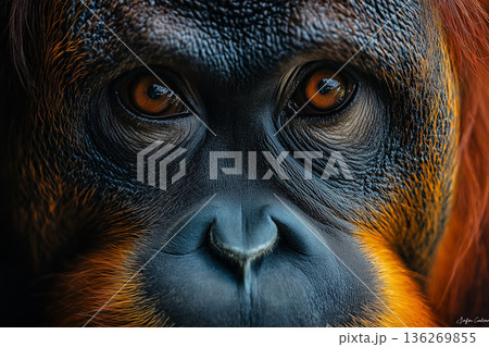 Primate portrait showcasing orange texture and wildlife closeup with expressive eyes and fur detail Primate portrait showcasing orange texture and wildlife closeup with expressive eyes and fur detail 136269855