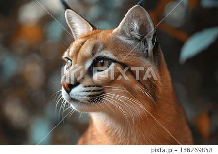 Majestic Caracal Feline Portrait with Ears and Whiskers in Vibrant Natural Wildlife Setting 136269858