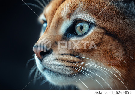 Caracal wildcat with captivating eyes and fur in closeup portrait, displaying nature's beauty Caracal wildcat with captivating eyes and fur in closeup portrait, displaying nature's beauty 136269859
