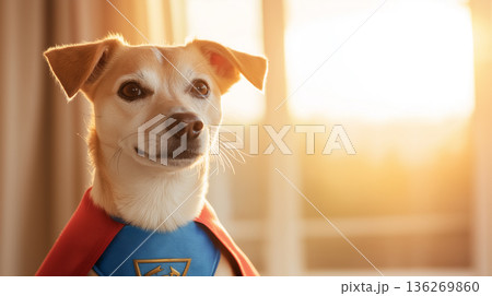 Dog superhero costume: adorable cute pet enjoying sunshine, playful puppy fun at home Dog superhero costume: adorable cute pet enjoying sunshine, playful puppy fun at home 136269860