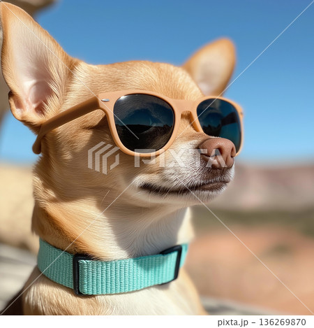 Chihuahua dog with sunglasses enjoying the outdoors in a stunning landscape, fashion summer look 136269870