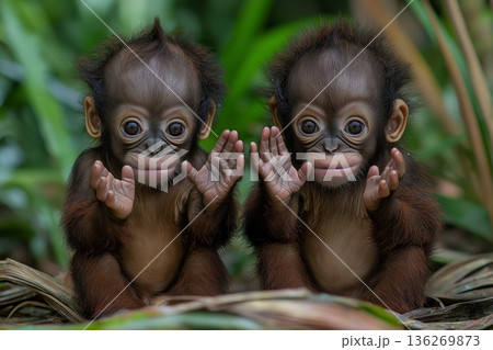 Cute twin baby orangutans in their natural jungle habitat with playful expressions 136269873
