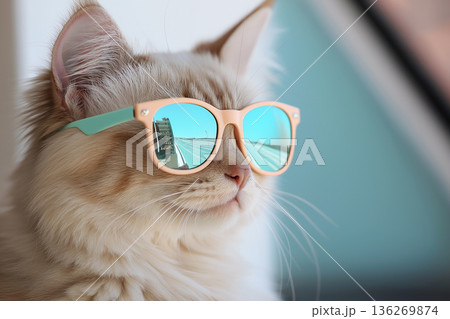 Norwegian Forest Cat in sunglasses - stylish feline portrait with fluffy fur and reflection 136269874