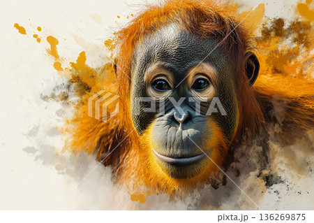 Portrait of an artistic orangutan with vibrant brushstrokes and detailed wildlife expression 136269875