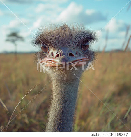 Ostrich bird in wildlife safari: feathers, neck, eyes, beak in natural habitat portrait 136269877