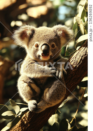 Cute koala marsupial resting on a eucalyptus tree in the Australian wildlife forest Cute koala marsupial resting on a eucalyptus tree in the Australian wildlife forest 136269892