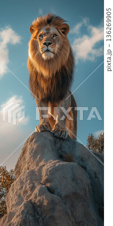 Majestic lion king standing on rock in nature showcasing wildlife and power of the wild animal 136269905