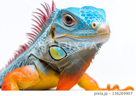 Closeup of a colorful iguana with vibrant scales and detailed texture in nature 136269907