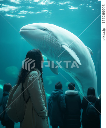 Majestic whale swimming in a large aquarium, captivating visitors with its aquatic presence. Majestic whale swimming in a large aquarium, captivating visitors with its aquatic presence. 136269908