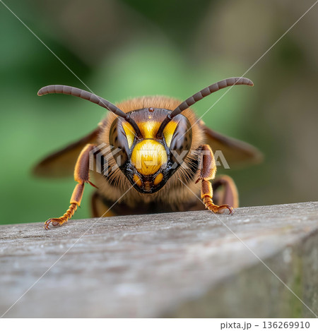 Closeup macro of a hornet insect, showcasing nature's detail and vibrant yellow features. Closeup macro of a hornet insect, showcasing nature's detail and vibrant yellow features. 136269910