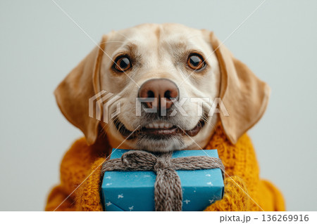 Labrador dog with gift, cute animal smiling at camera, wearing yellow coat 136269916