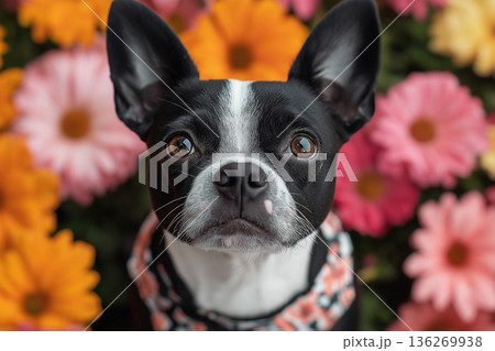 Adorable Boston Terrier Dog Portrait with Vibrant Flowers and Cute Floral Background Adorable Boston Terrier Dog Portrait with Vibrant Flowers and Cute Floral Background 136269938