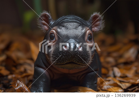 Adorable baby hippopotamus posing among leaves with a cute expression 136269939