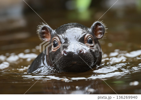 Cute young hippopotamus swimming in water, closeup portrait of aquatic wildlife in nature 136269940
