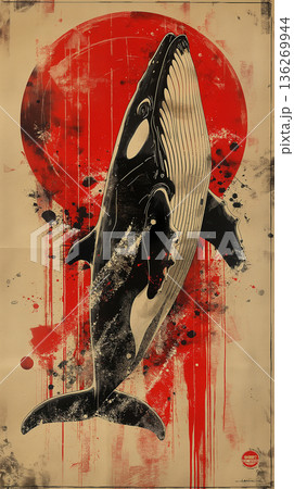Whale artwork with marine wildlife and ocean themes in vibrant graphic design Whale artwork with marine wildlife and ocean themes in vibrant graphic design 136269944