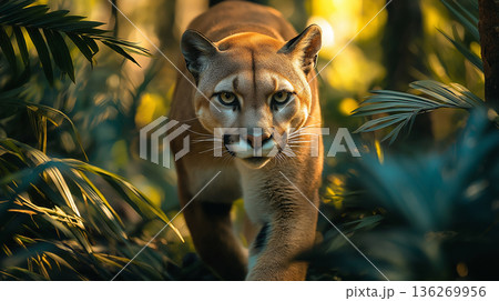 Cougar in the jungle: wildlife puma, predator in nature, forest big cat, animal and feline beauty 136269956