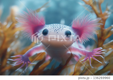 Explore the colorful axolotl, a unique aquatic amphibian in its natural underwater habitat. 136269960