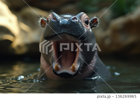 Hippopotamus in water with open mouth showcasing wildlife in an aquatic habitat setting Hippopotamus in water with open mouth showcasing wildlife in an aquatic habitat setting 136269965