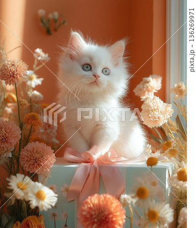 Persian feline kitten pet, fluffy and adorable, cute and playful white cat animal in nature 136269971