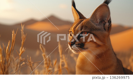 Caracal gazing in sandy desert, highlighting its ears, fur, and wild animal grace Caracal gazing in sandy desert, highlighting its ears, fur, and wild animal grace 136269975