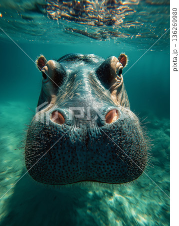 Hippopotamus underwater in wildlife habitat, closeup portrait with blue aquatic surroundings 136269980