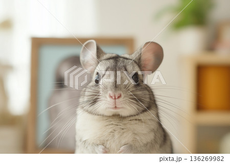 Cute chinchilla with whiskers as a furry pet animal, adorable and domestic rodent Cute chinchilla with whiskers as a furry pet animal, adorable and domestic rodent 136269982