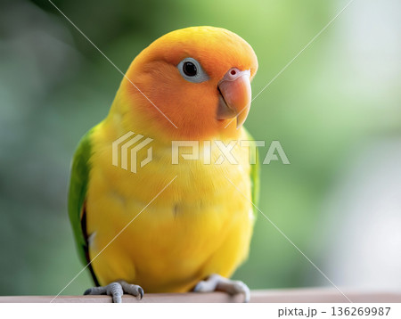 Colorful Parrot with Vibrant Feathers: Nature Closeup in Bright Orange and Green 136269987