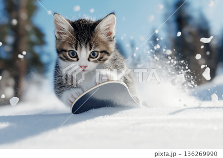 Playful tabby kitten on snowboard enjoying a fun winter adventure outdoors 136269990