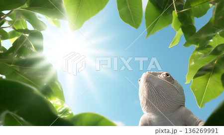 Lizard basking in sunlight among lush green leaves in tropical nature landscape Lizard basking in sunlight among lush green leaves in tropical nature landscape 136269991