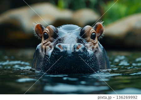 Hippopotamus eyes in water, showcasing wildlife, nature, and zoo adventure in natural habitat 136269992