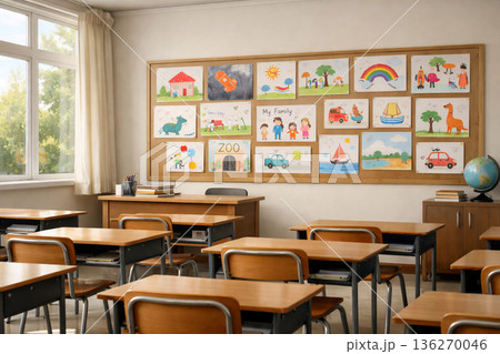 子どもたちの作品が飾られた明るい教室の風景 136270046