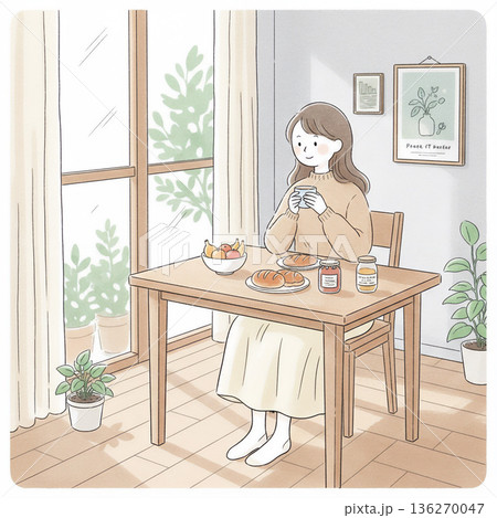 窓辺のテーブルで朝食とコーヒーを楽しむ女性のやさしいイラスト 136270047