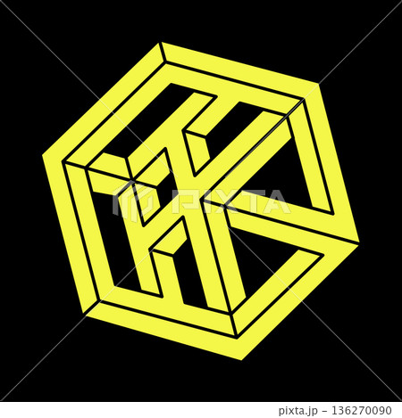 Optical illusion shapes. Abstract eternal geometric objects. Impossible endless outline. Optical art. Impossible geometry shape on a black background. Escher paradox. Optical illusion shapes. Abstract eternal geometric objects. Impossible endless outline. Optical art. Impossible geometry shape on a black background. Escher paradox. 136270090