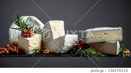 Various soft cheeses with walnuts and rosemary. 136270118
