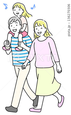 肩車をして歩く親子 線画 肩車をして歩く親子 線画 136270306